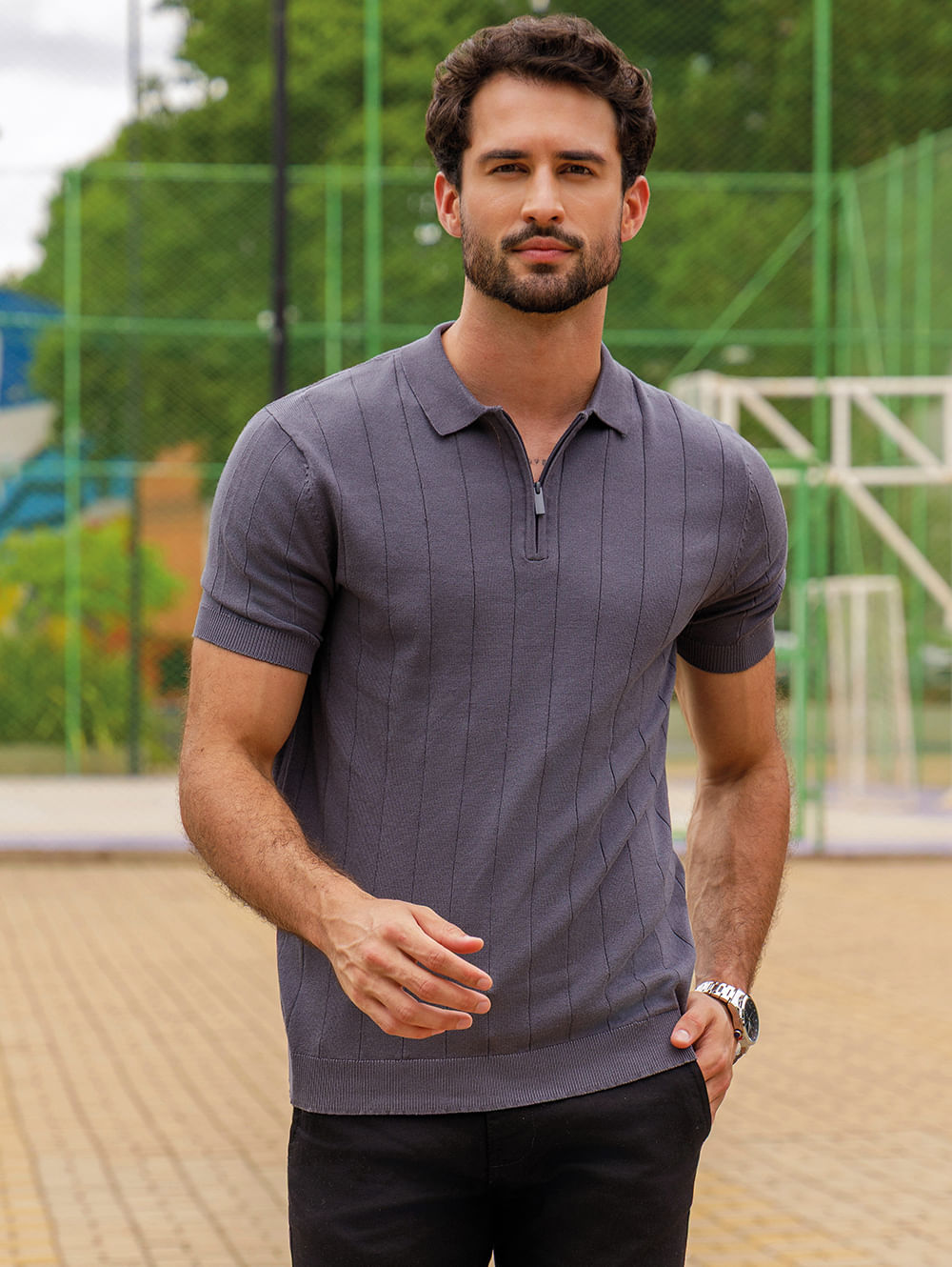 Polo Tricot Canelado Manga Curta Masculino OFF WHITE - Lojas Pompéia