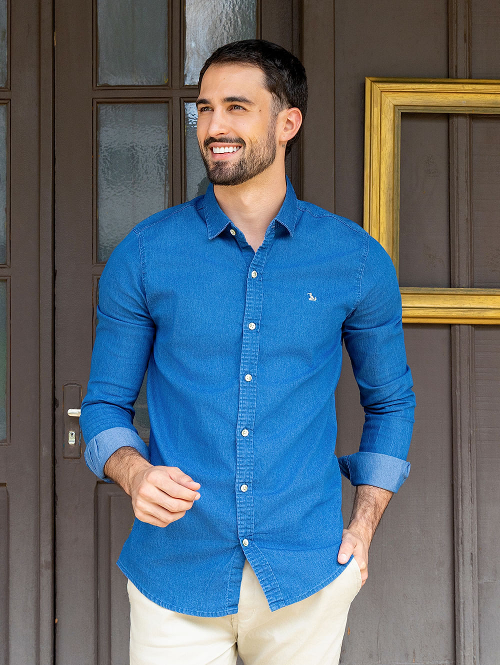 Camisa Jeans Slim Manga Longa Masculina AZUL