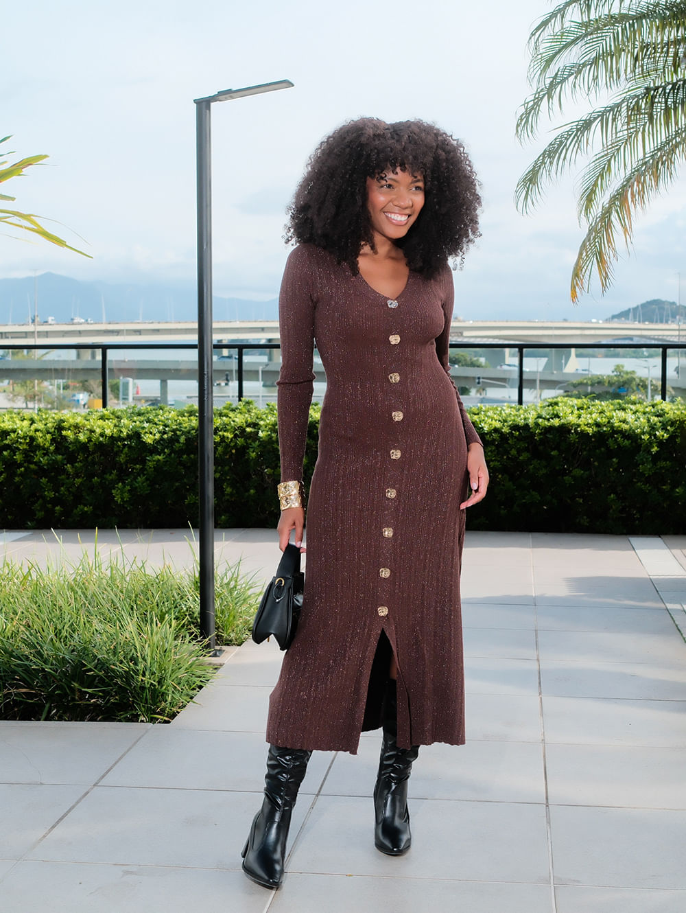 Vestido Malha Tricot Lurex Eagle Rock Feminino CAFE