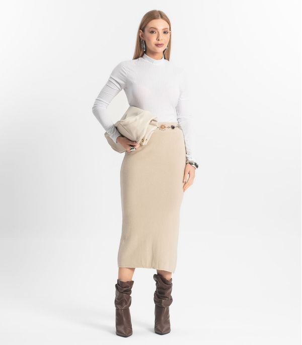Saia Midi Feminina Tricot Epifani Bege G