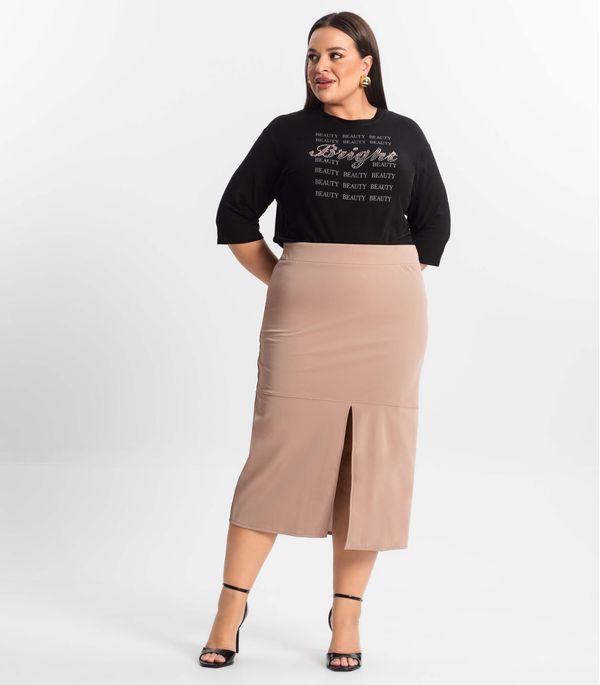 Saia Midi Plus Size Com Fenda Secret Glam Marrom Plus G3