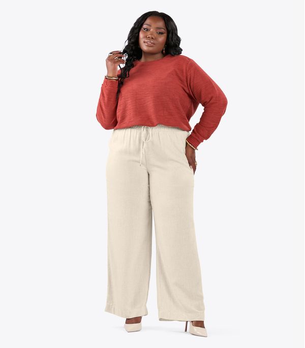 Calça Pantalona Linho Plus Size Secret Glam Bege Plus G2
