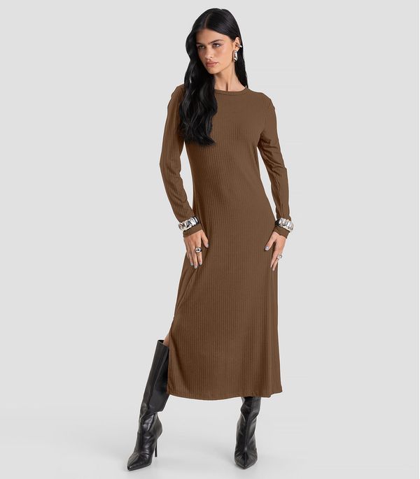 Vestido Feminino Super Midi Canelado Dianna Marrom GG