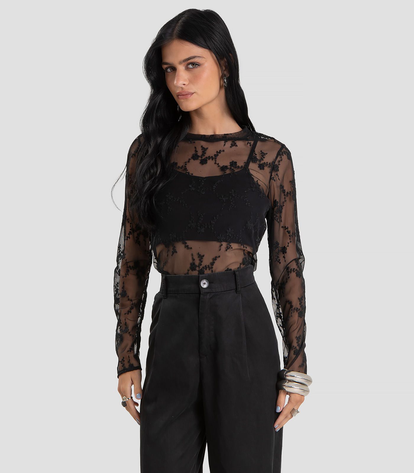 Conjunto Feminino Blusa de Tule com Top Dianna Preto