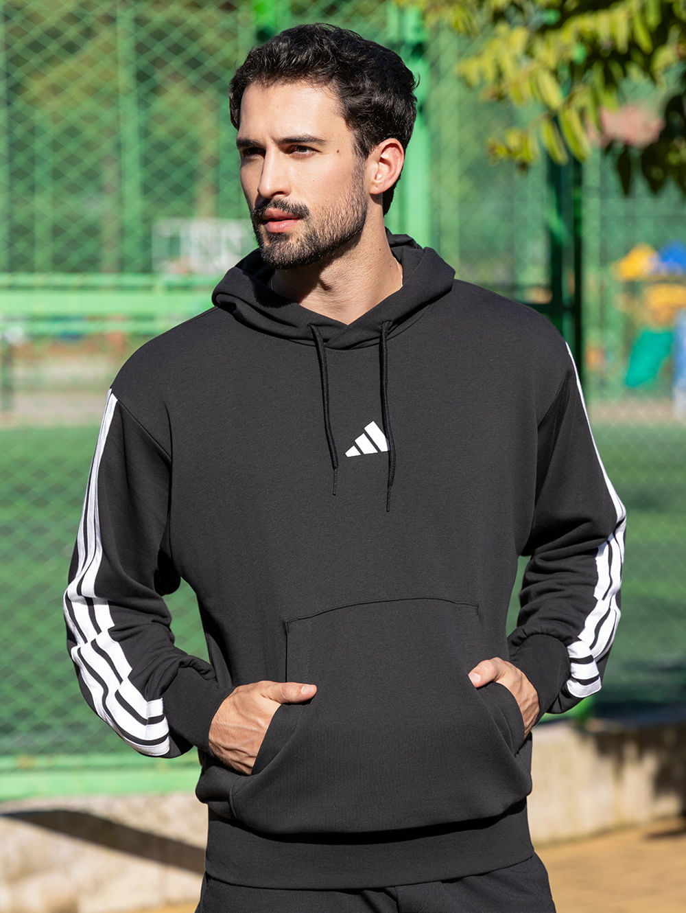 Blusão Capuz 3 Stripes Adidas Masculino PRETO