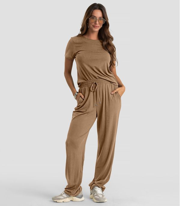 Conjunto Feminino Blusa E Calça Dianna Marrom PP