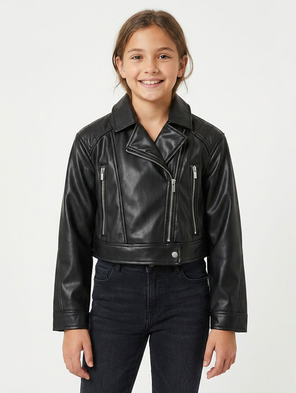Jaqueta PU Biker Vels Juvenil Para Menina - PRETO