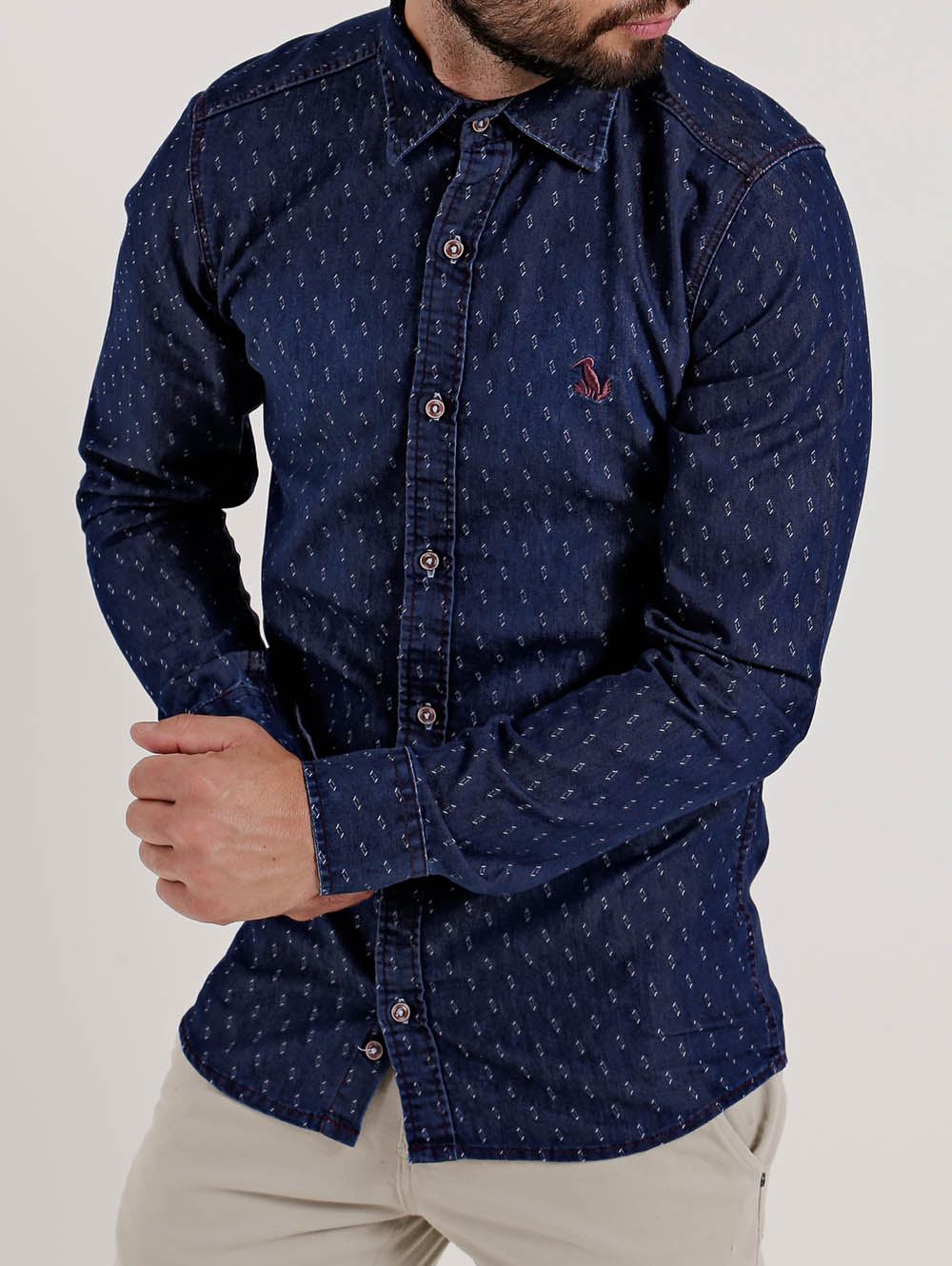 Camisa Jeans Slim Manga Longa Masculina Azul Marinho Lojas Pompeia