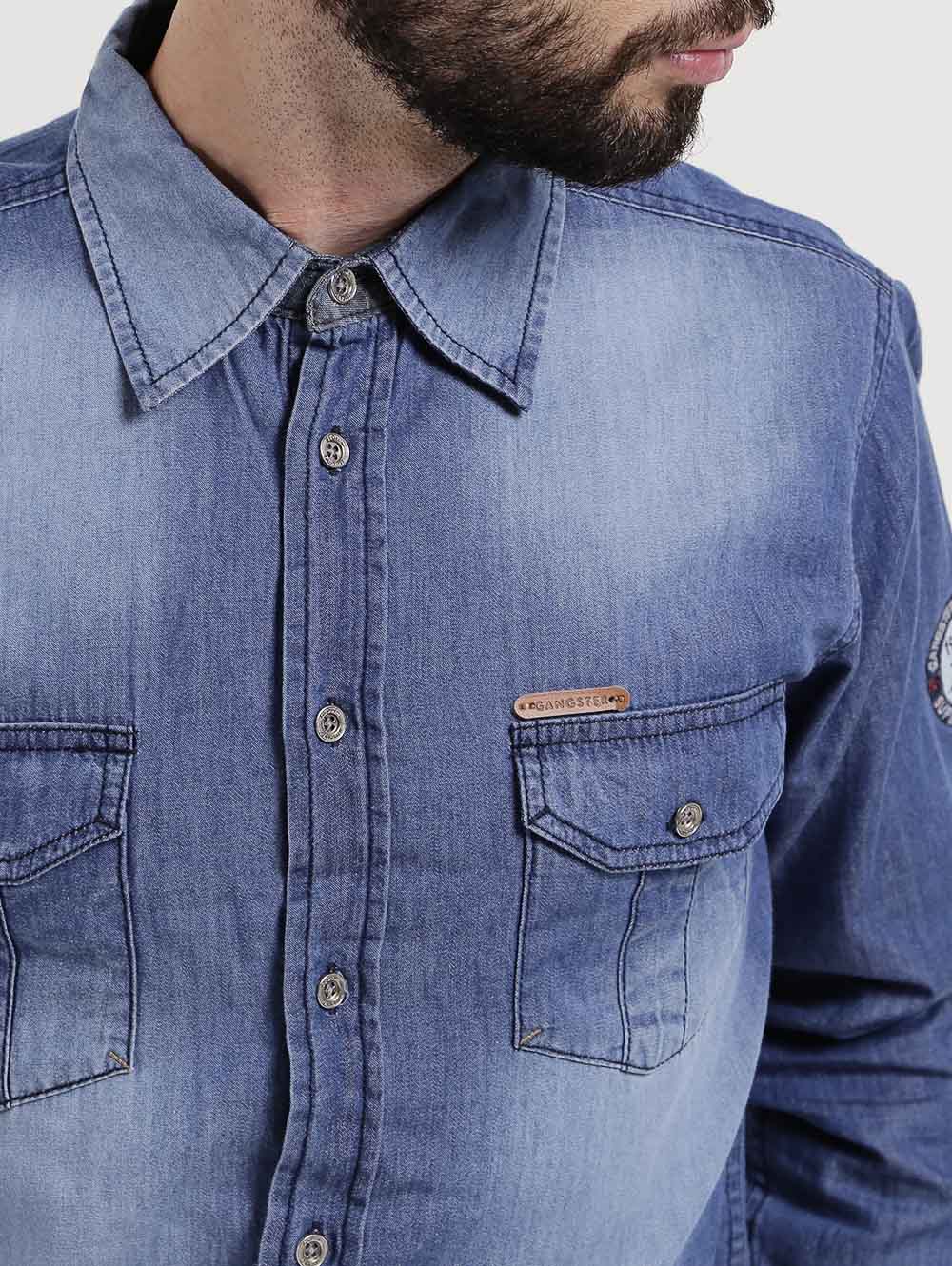 Camisa Jeans Manga Longa Masculina Gangster Azul Lojas Pompeia