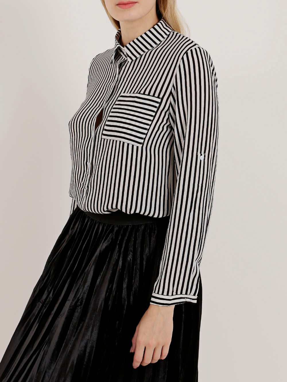 Camisa Manga Longa Feminina Branco Preto Lojas Pompeia
