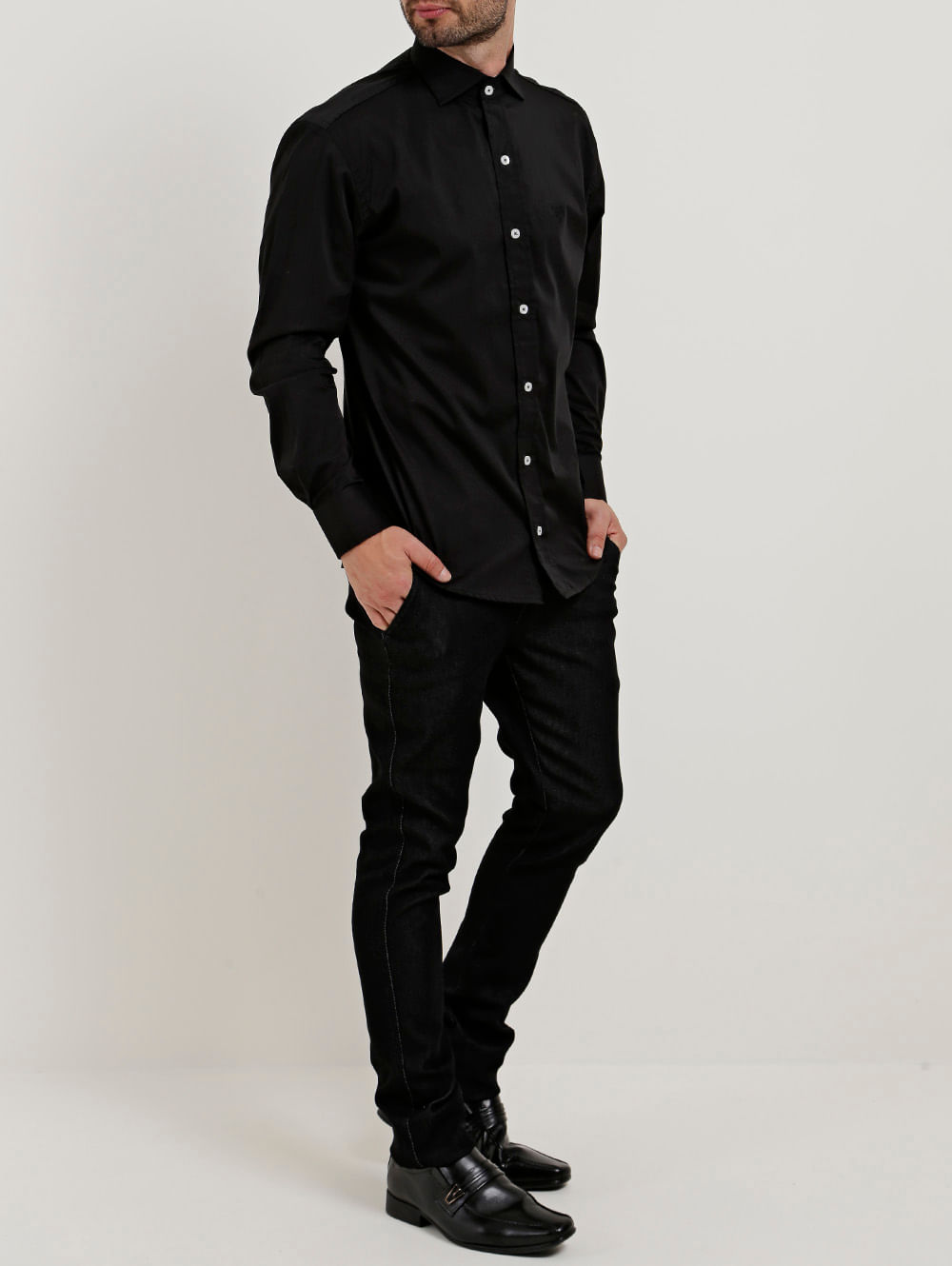 Camisa Slim Fit Manga Longa Masculina Preto Lojas Pompeia