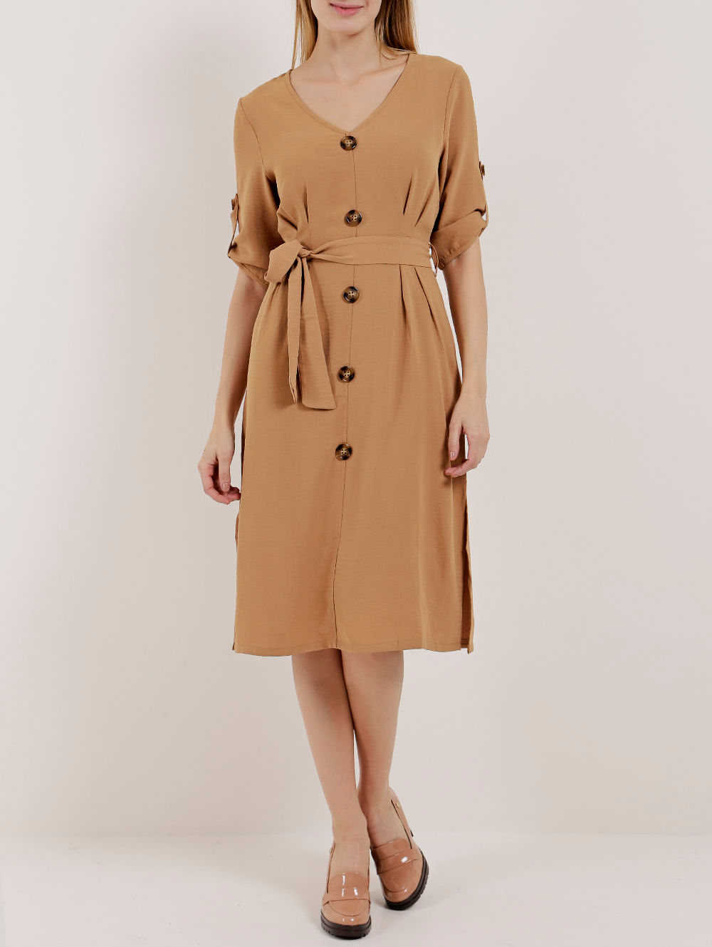Vestido Midi Manga 3 4 Feminino Marrom Lojas Pompeia