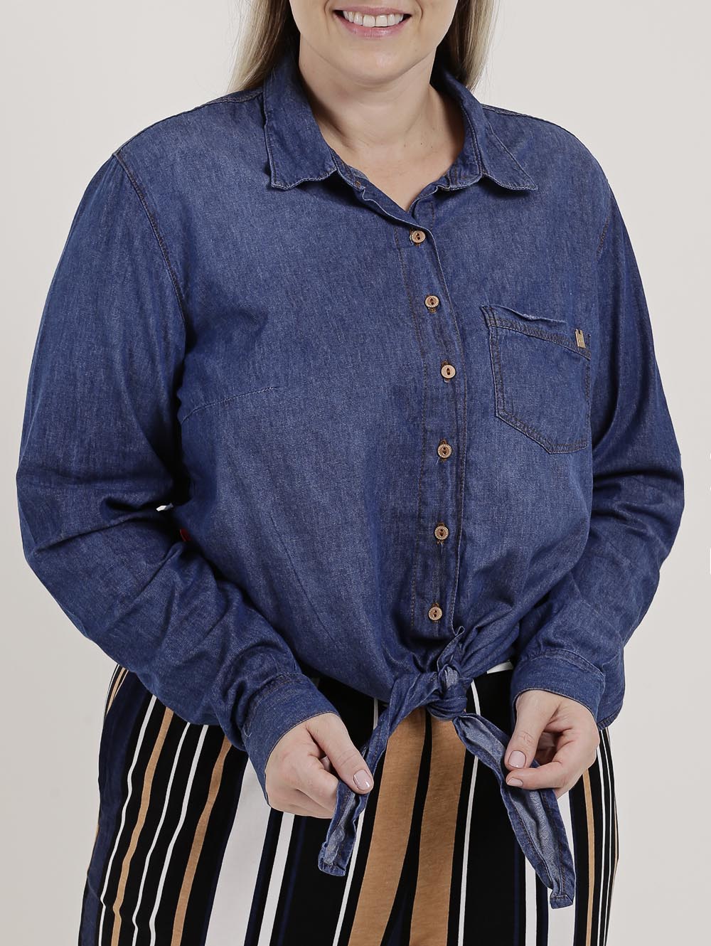 Camisa Jeans Manga Longa Plus Size Feminina Azul Lojas Pompeia