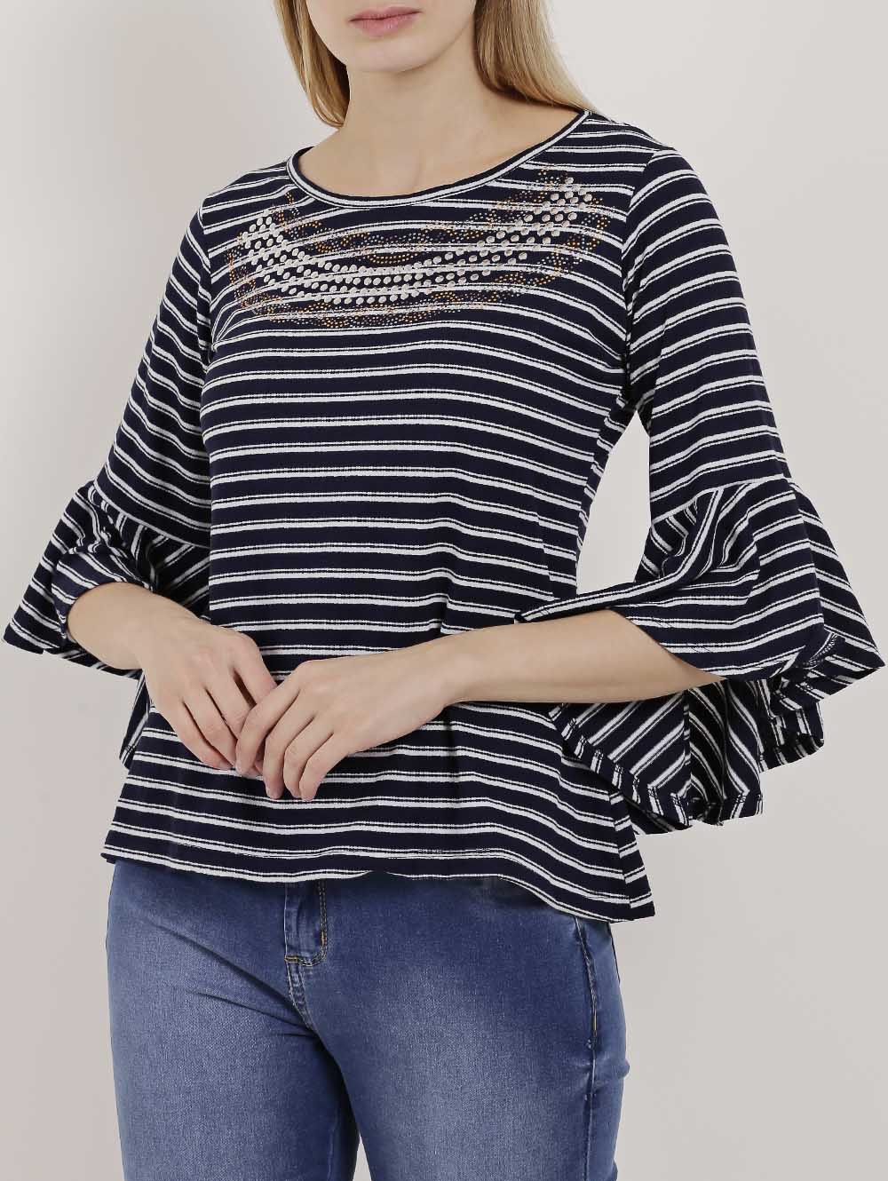 Blusa Manga 3 4 Feminina Azul Marinho Lojas Pompeia
