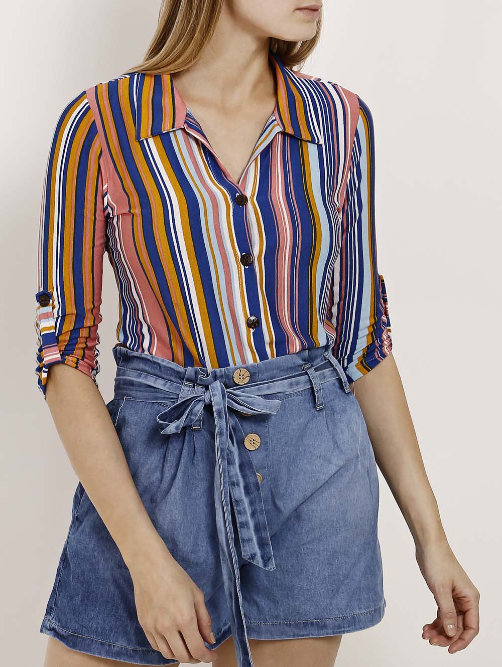 Camisa Manga 3 4 Feminina Autentique Azul Lojas Pompeia