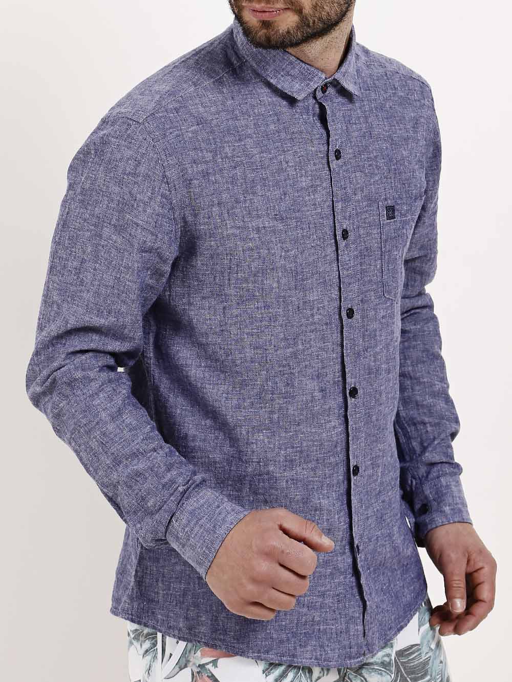 Camisa Linho Manga Longa Masculina Azul Lojas Pompeia
