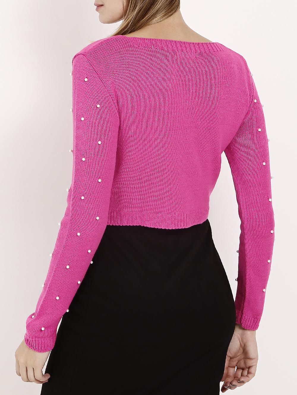 Blusa Tricot Cropped Manga Longa Com Perolas Feminina Rosa Lojas