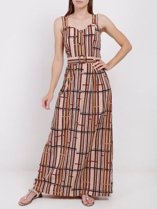 Vestido Longo Listrado Feminino Bege P Menor preço em Vestido Longo Listrado Feminino Bege P