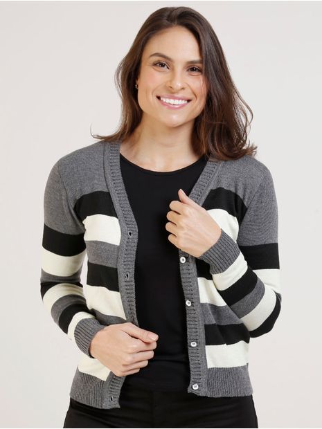 Cardigan de Tricot Listrado Feminino Chumbo/preto Menor preço em Cardigan de Tricot Listrado Feminino Chumbo/preto