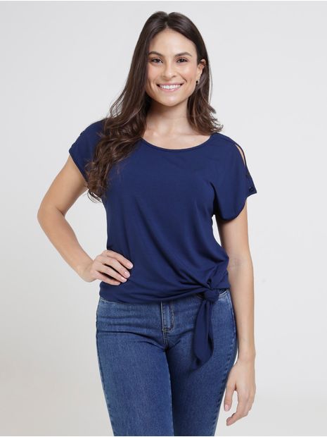 Blusa Manga Curta com Amarração Feminina Azul Marinho P Menor preço em Blusa Manga Curta com Amarração Feminina Azul Marinho P