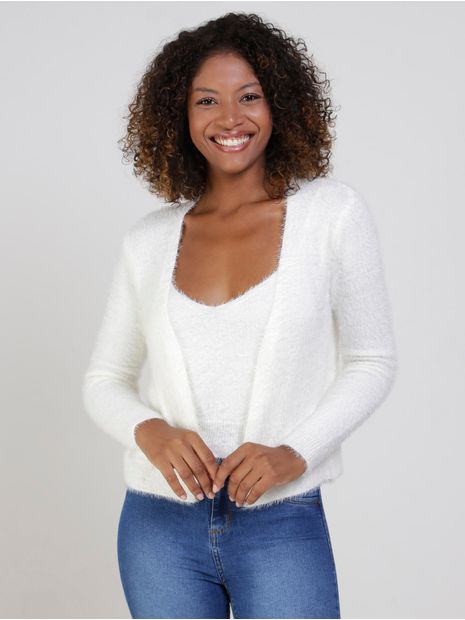 Cardigan de Tricot com Blusa Regata Eagle Rock Feminina Off White P Menor preço em Cardigan de Tricot com Blusa Regata Eagle Rock Feminina Off White P