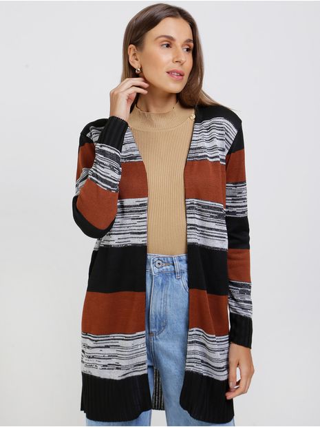 Cardigan de Tricot Feminino Preto/marrom P Menor preço em Cardigan de Tricot Feminino Preto/marrom P