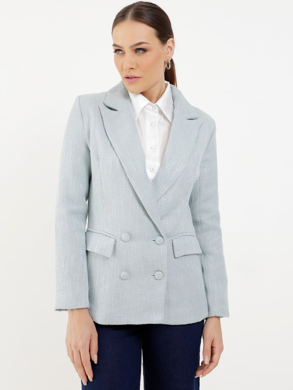 Blazer Xadrez Em Tweed Com Detalhe De Bolsos Frontais - Dellilu